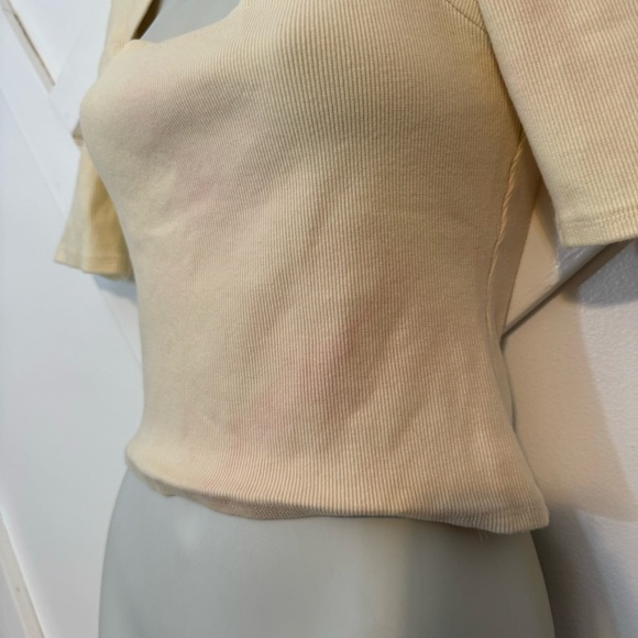 Derek Lam Puff Sleeve Square Neck Rib Knit Crop Top Yellow Cream Sz XS - Picture 4 of 9